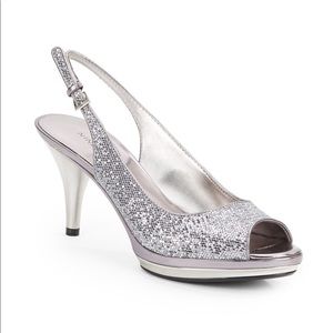 Silver open toe heels